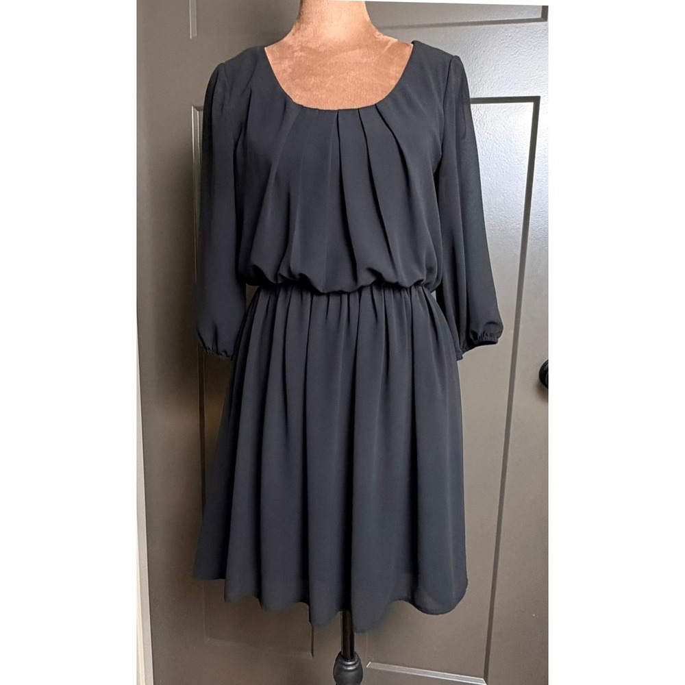 BCX Dress Womens Small Black Chiffon Pleated Blouson Waist 3/4 Sleeve 1123X87